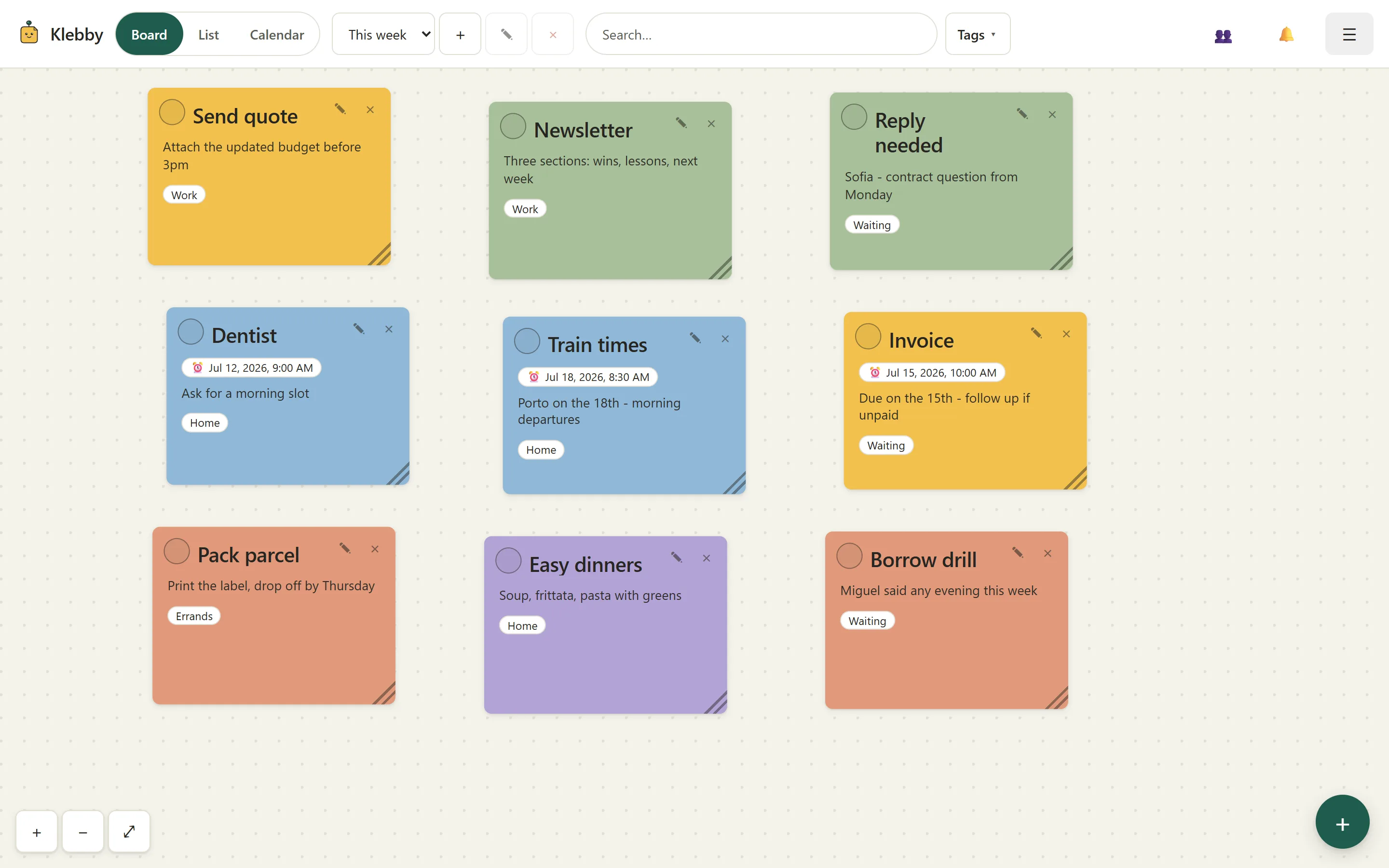 Klebby freeform board with notes grouped into clear working areas