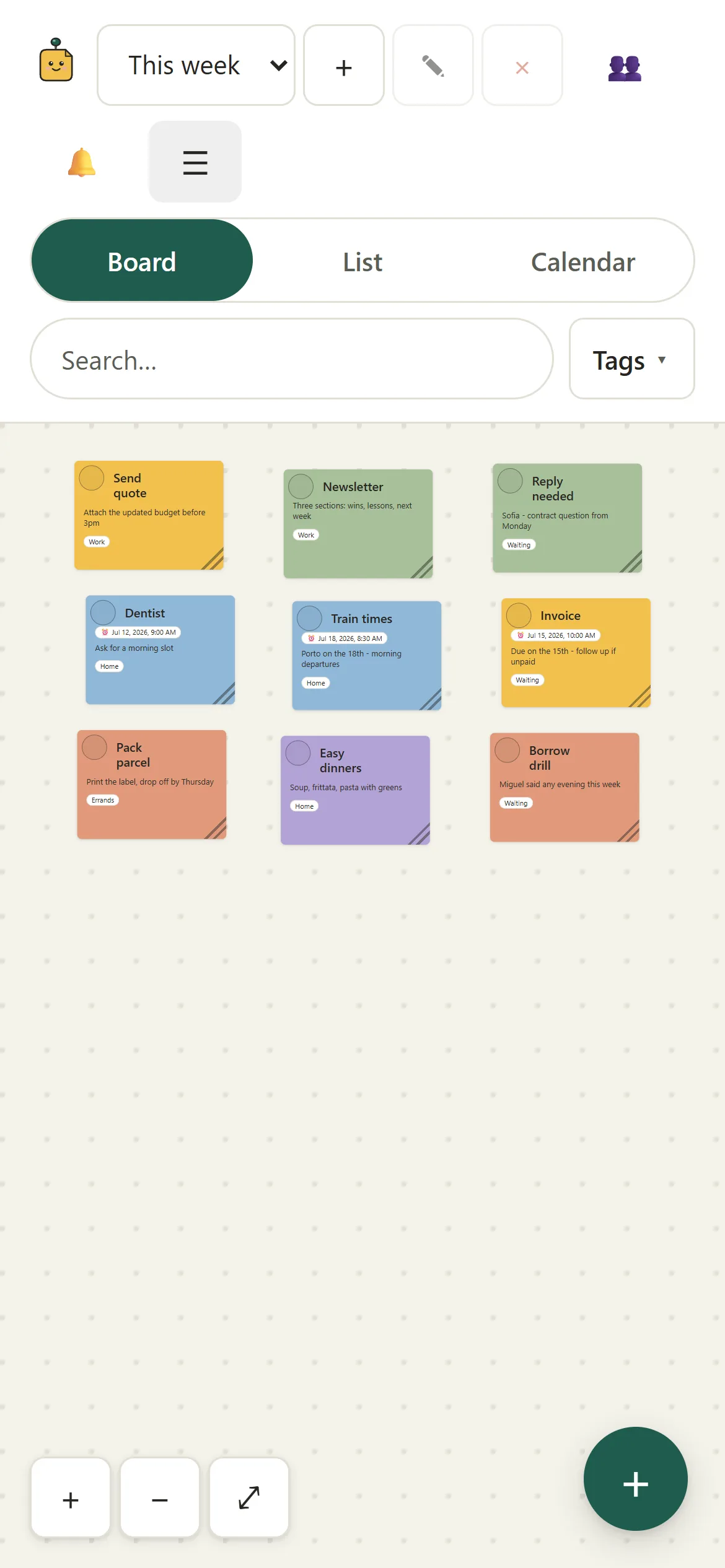 Klebby mobile board in light mode with notes available in a narrow phone viewport