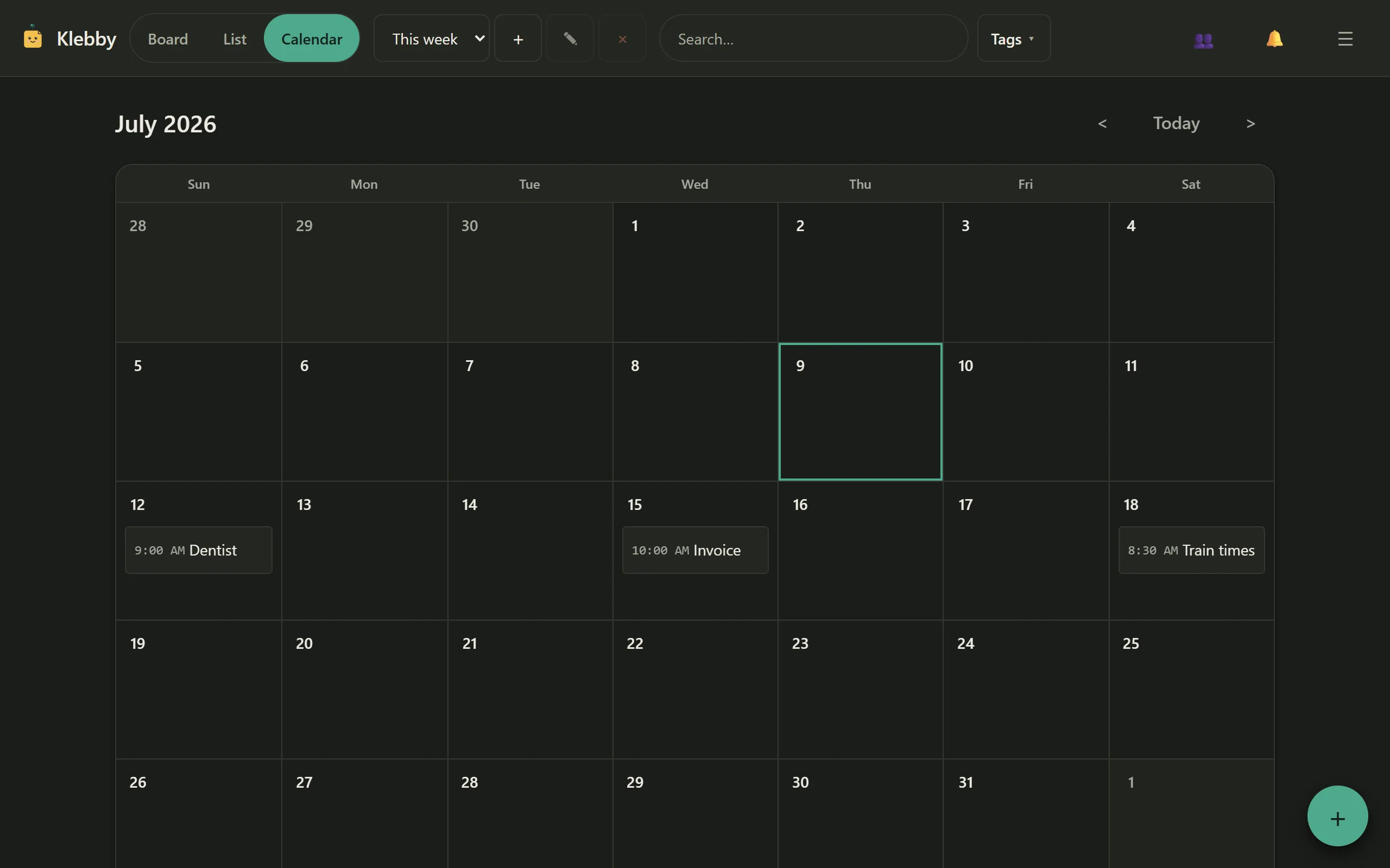 Klebby calendar with dated sticky notes