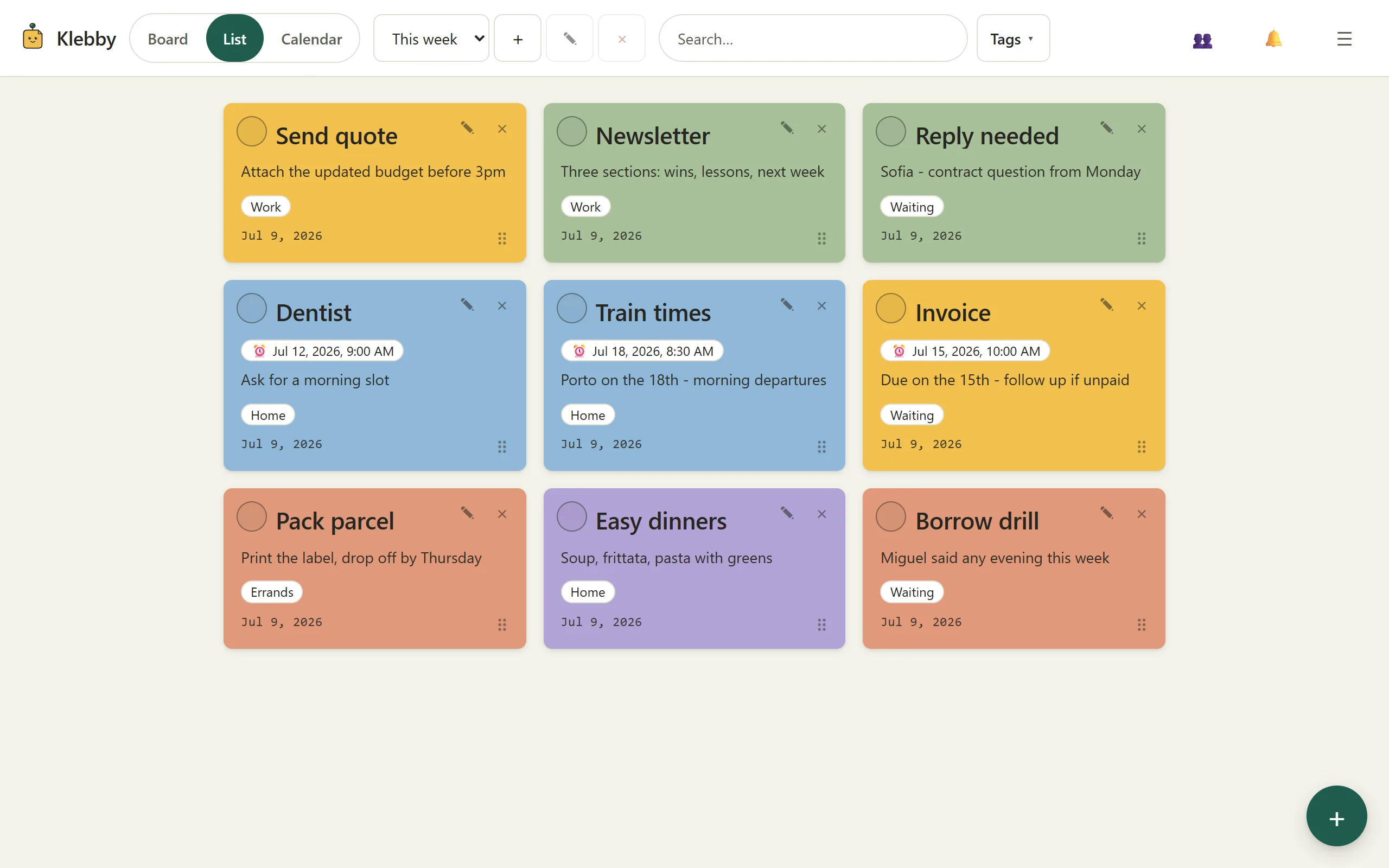 Klebby list view showing digital sticky notes in a compact order