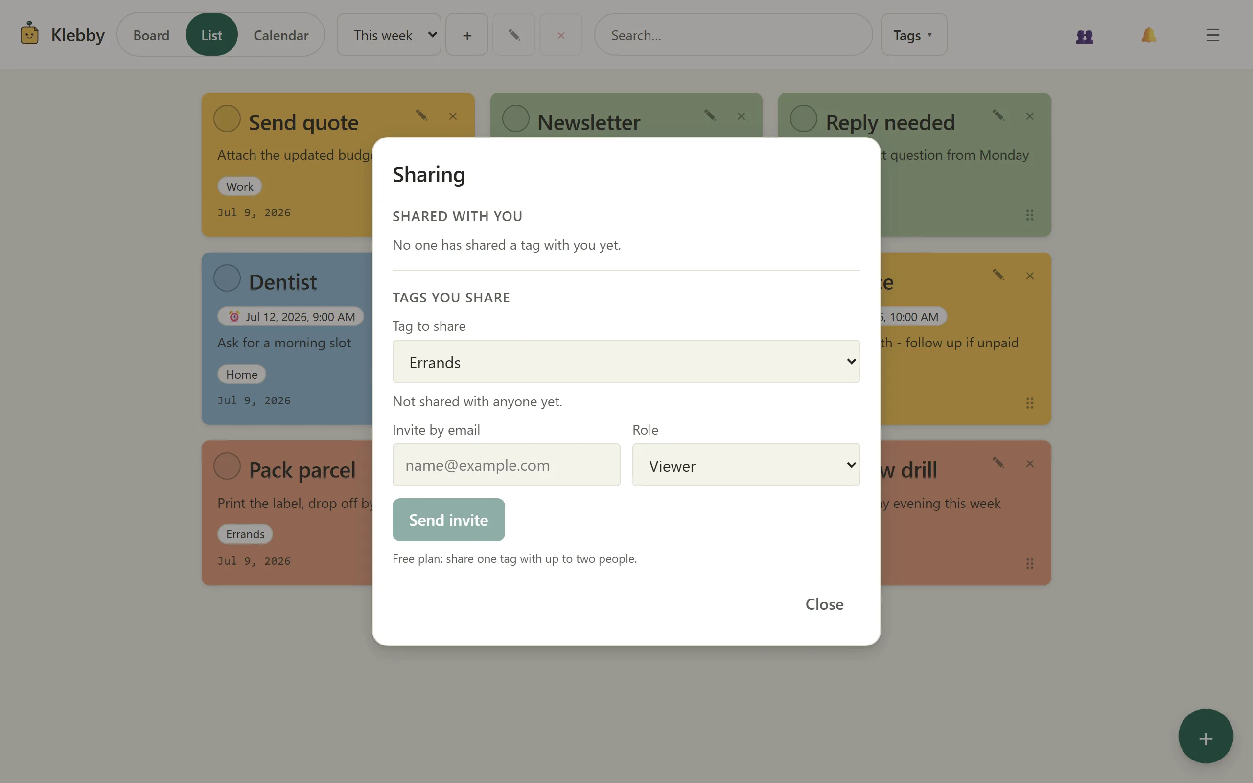 Klebby sharing panel showing one shared tag with viewer and editor roles